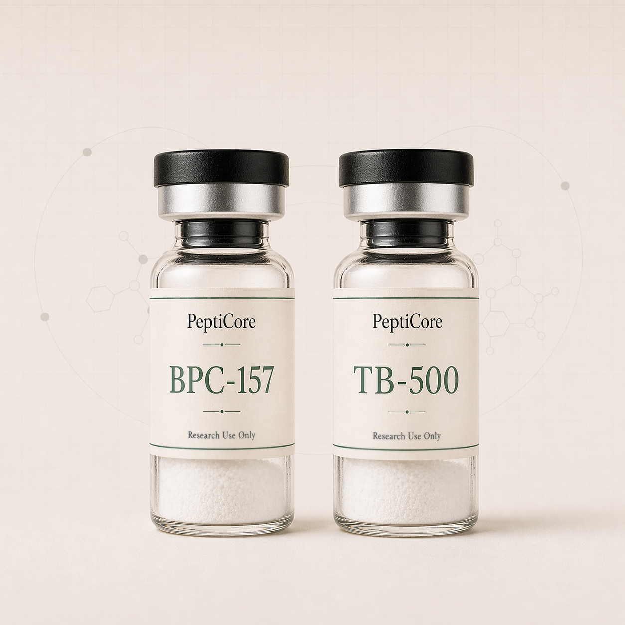 BPC-157 + TB-500 research-use peptide vial from PeptiCore