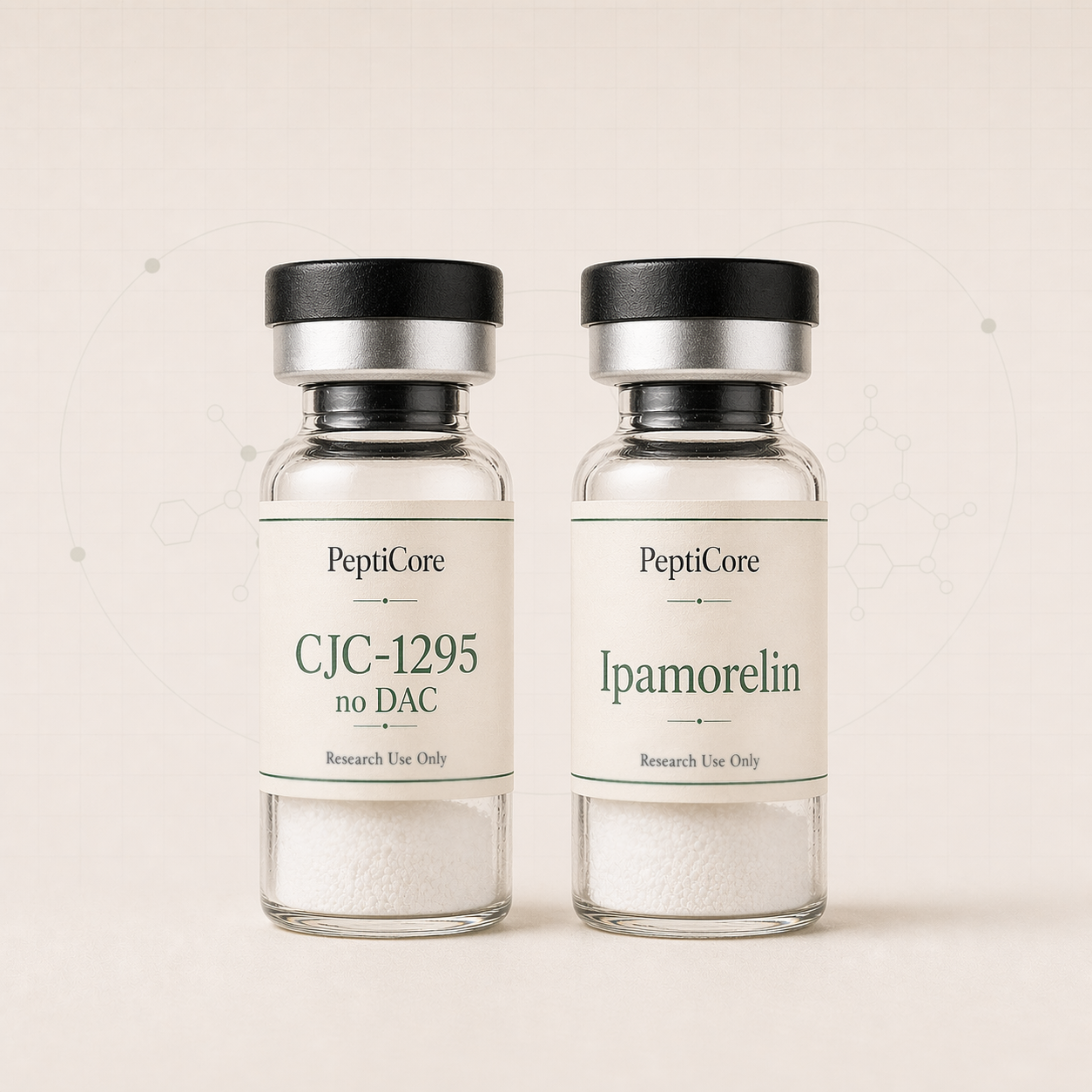CJC-1295 Ipamorelin research-use peptide vial from PeptiCore