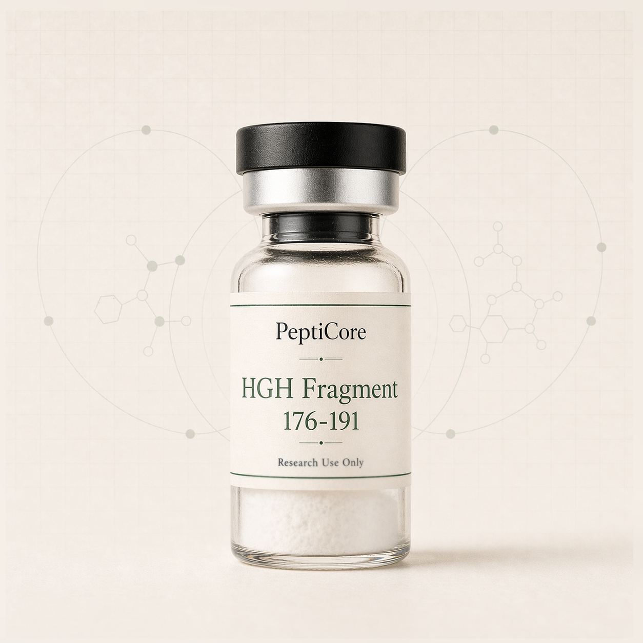HGH Fragment 176-191 research-use peptide vial from PeptiCore