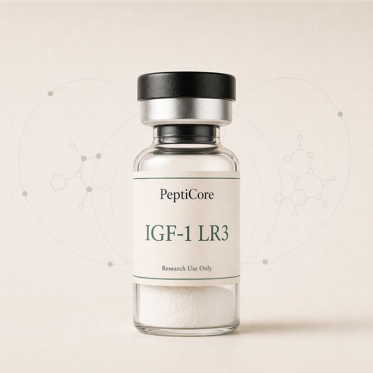 IGF-1 LR3 research-use peptide vial from PeptiCore