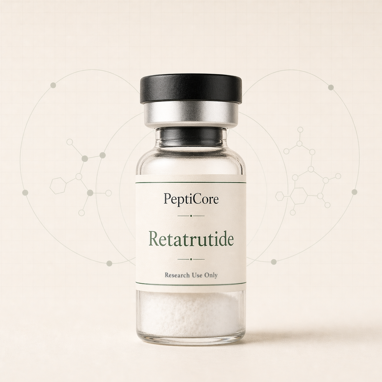 Retatrutide research-use peptide vial from PeptiCore