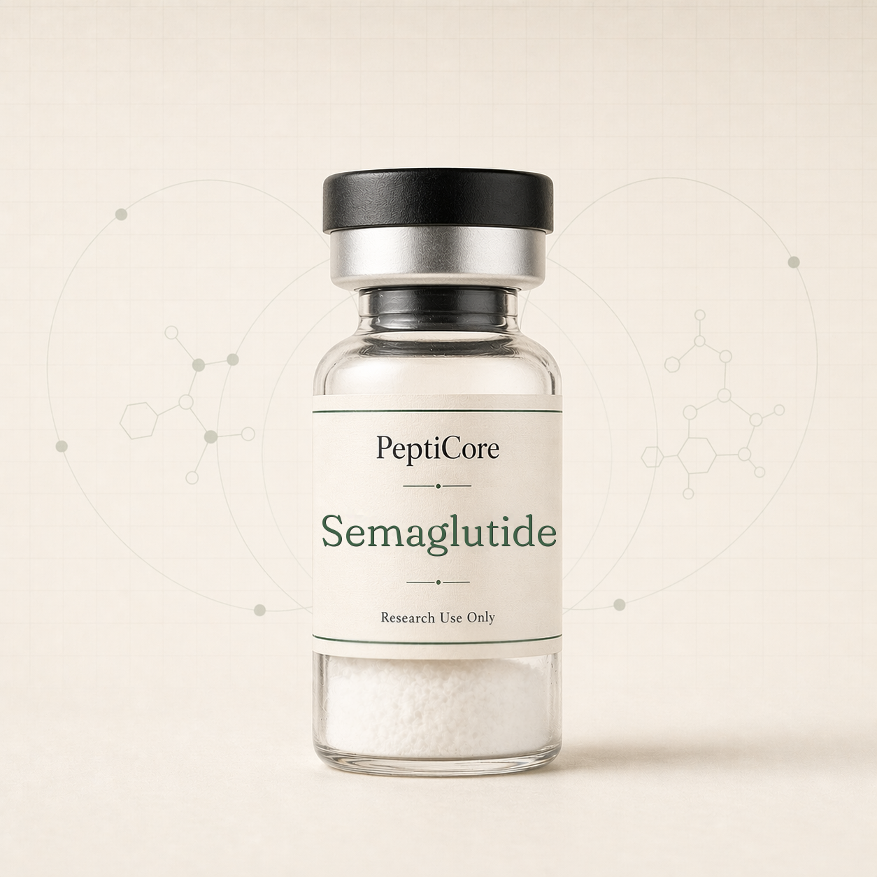 Semaglutide research-use peptide vial from PeptiCore
