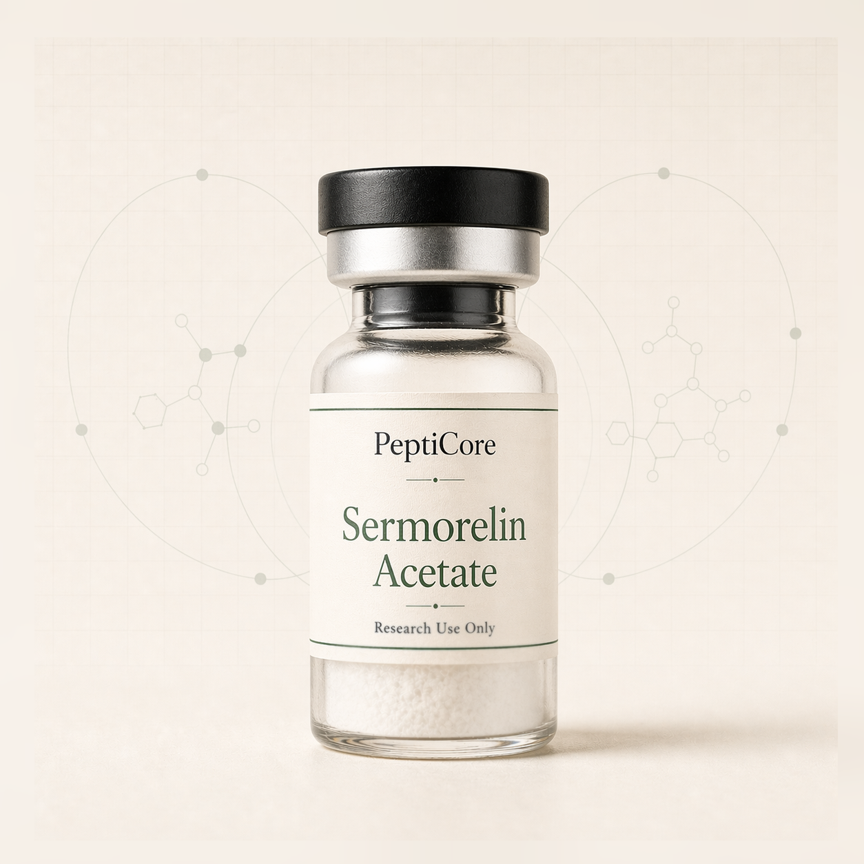 Sermorelin research-use peptide vial from PeptiCore