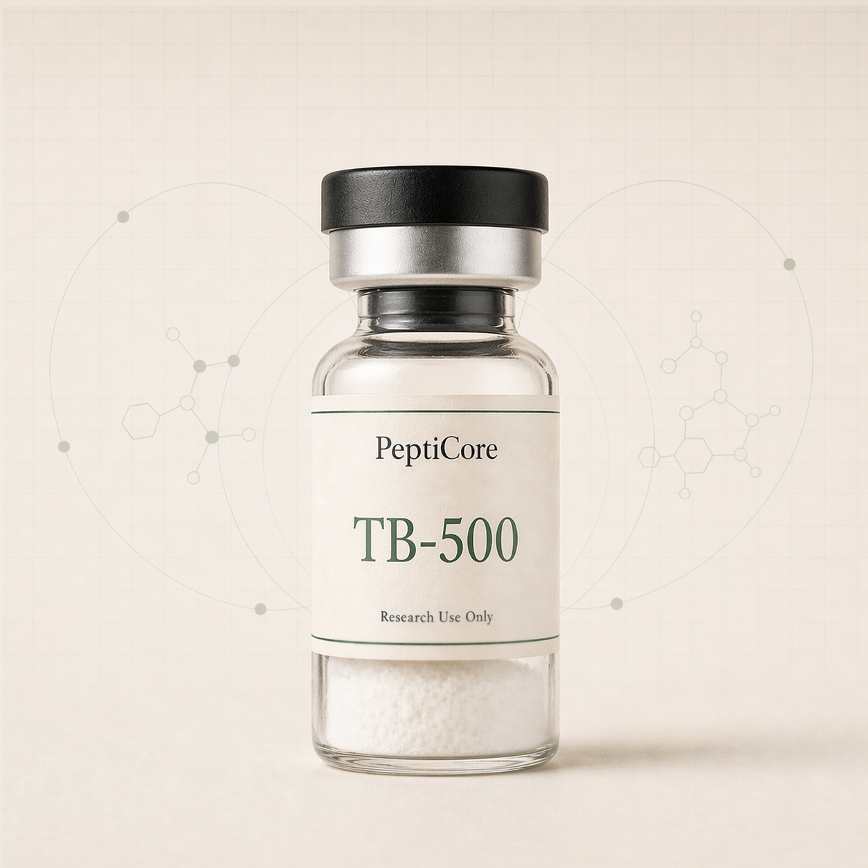 TB-500 research-use peptide vial from PeptiCore